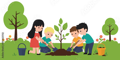 Children planting young tree in garden. Concept of ecology, environment protection and green future for planet in flat vector style.