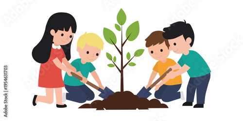 Children planting young tree in garden. Concept of ecology, environment protection and green future for planet in flat vector style.