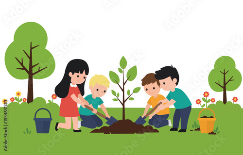 Children planting young tree in garden. Concept of ecology, environment protection and green future for planet in flat vector style.