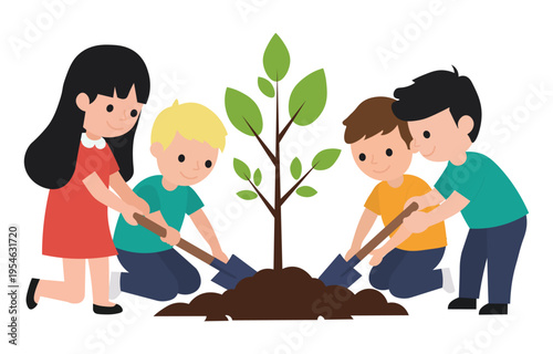 Children planting young tree in garden. Concept of ecology, environment protection and green future for planet in flat vector style.