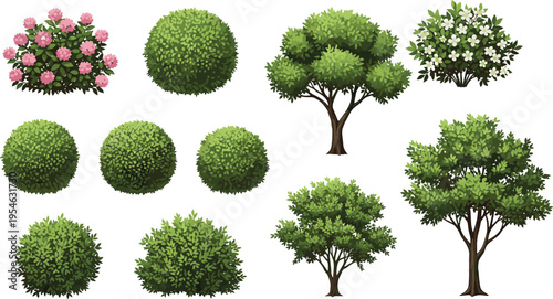 Garden bushes and green trees vector collection, ornamental shrubs and flowering plants with lush foliage isolated on light background for landscape and botanical design
