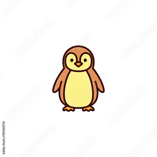 A cute cartoon penguin illustration with brown and yellow colors on a white background.