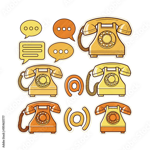 A collection of retro-style communication icons featuring rotary telephones, speech bubbles, and at symbols in warm yellow and orange tones.
