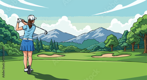 Woman golfer on a scenic course with mountains