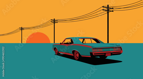 Stylized graphic illustration of a vintage teal car driving on a road at sunset with power lines and a vibrant sky.