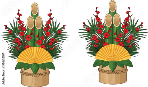 Japanese Kadomatsu New Year decoration with bamboo, pine branches, plum blossoms and folding fan traditional Oshogatsu holiday ornament vector illustration isolated on white
