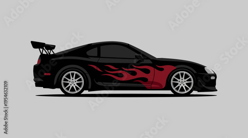 Sleek black sports car with vibrant red flame decals and a large spoiler, depicted in a side profile view.