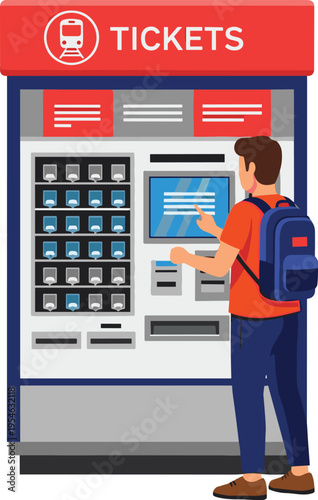 Man buying tickets from self service vending machine at station, digital kiosk payment terminal, public transport ticketing concept, modern flat vector illustration design