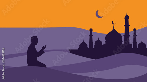 Silhouette of a Muslim man praying towards a mosque under an orange sky with a crescent moon, depicting a serene religious moment.