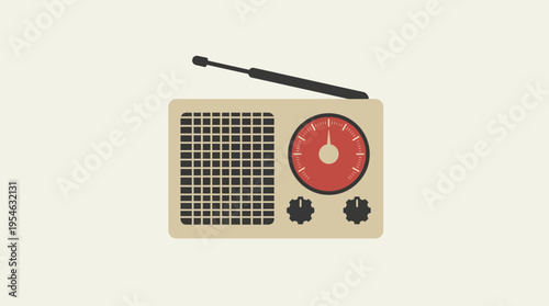 A minimalist illustration of a vintage portable radio with an antenna, speaker grille, and tuning dial on a light beige background.