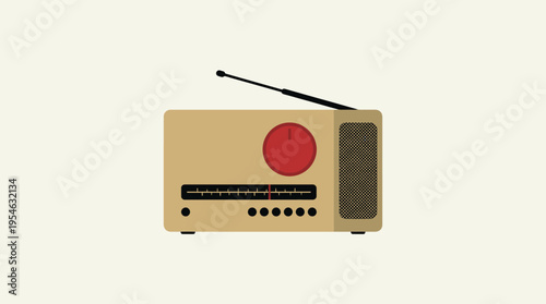 A minimalist illustration of a retro beige radio with a red tuning dial and an antenna, on a light background.