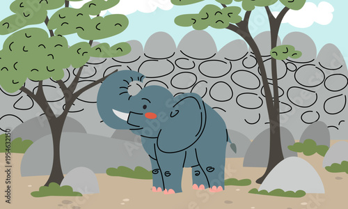 Flat illustration of a cute elephant character in a savanna landscape with trees and stone wall. Wild animal background for children book, zoo posters or nature banners. Alone in the zoo
