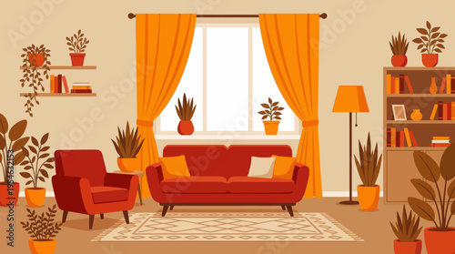 Cozy living room interior with red furniture, numerous potted plants, orange curtains, and a window.