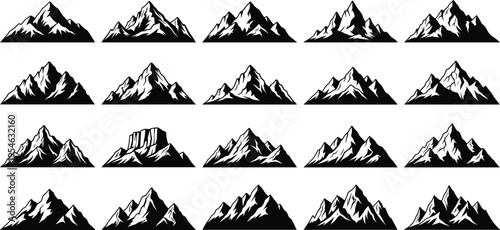 Mountain silhouettes vector set featuring black and white alpine peaks, hand drawn landscape icons, nature elements collection for outdoor adventure, travel, and design use