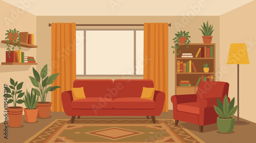Cozy and warm living room interior with a red sofa, armchair, numerous potted plants, a wooden bookshelf, and orange curtains.