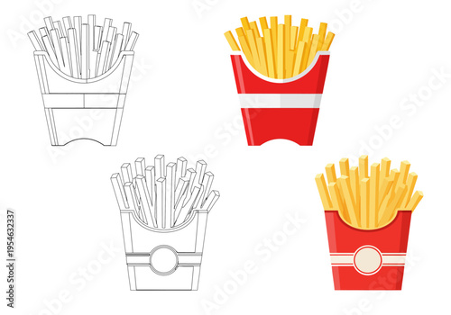 可愛いフライドポテトのイラストセットカラー版とぬりえ用線画、子供向けベクター素材