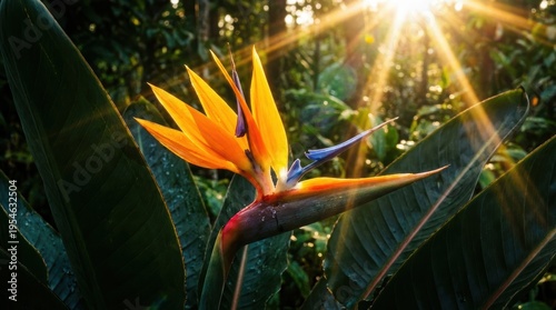 Vibrant Bird of Paradise Flower Illuminated by Sunlight in Tropical Garden
