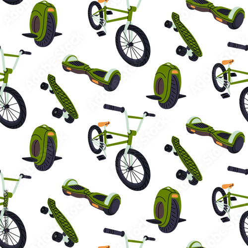 Flat seamless pattern with green bicycle, skateboard, hoverboard and monowheel. Eco-friendly city transport and active lifestyle background for sport textile or wallpaper. seamless texture graphics