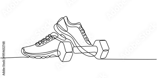 Fitness set with sneakers and dumbbell one line art. Continuous line drawing of sport, strength, fitness, activity, active, wellness, weightlifting, weight, workout, athlete kettlebell, adjustable