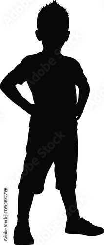 Silhouette of confident child standing with hands on hips, spiky hairstyle, casual clothing illustration symbolizing strength, independence, assertiveness, childhood empowerment, bold posture,