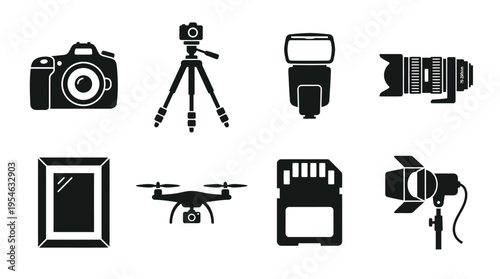 Photography & Camera Gear Vector Icon Set – Crisp Vectors Featuring Cameras, Tripods, Flashes, Lenses, Drones, Spotlights, Memory Cards, and Photo Frames