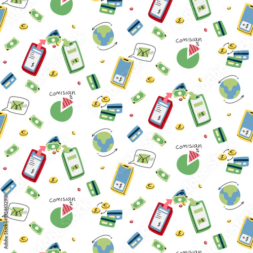 Flat seamless pattern with smartphones, money and global transfer icons. Financial commission and digital payment background for business website, wrapping paper or textile. seamless texture