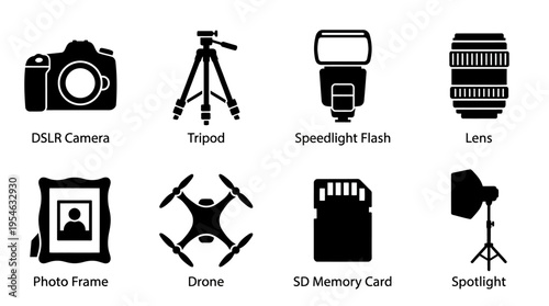 Photography & Camera Gear Vector Icon Set – Crisp Vectors Featuring Cameras, Tripods, Flashes, Lenses, Drones, Spotlights, Memory Cards, and Photo Frames