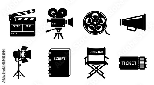 Film Production & Movie-Making Vector Icon Set – Dramatic Vectors Featuring Clapperboards, Cameras, Reels, Megaphones, Spotlights, Scripts, Director Chairs, and Tickets