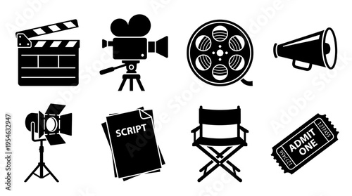Film Production & Movie-Making Vector Icon Set – Dramatic Vectors Featuring Clapperboards, Cameras, Reels, Megaphones, Spotlights, Scripts, Director Chairs, and Tickets