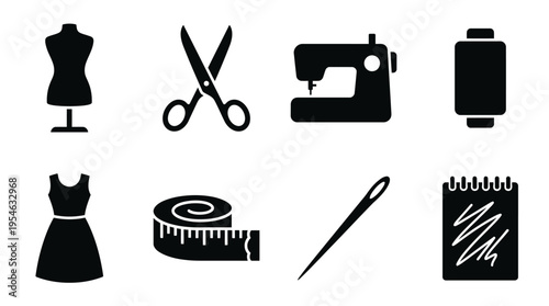 Fashion Design & Tailoring Tools Vector Icon Set – Chic Vectors Featuring Dress Forms, Scissors, Sewing Machines, Tape Measures, Needles, Sketchbooks, and Dresses