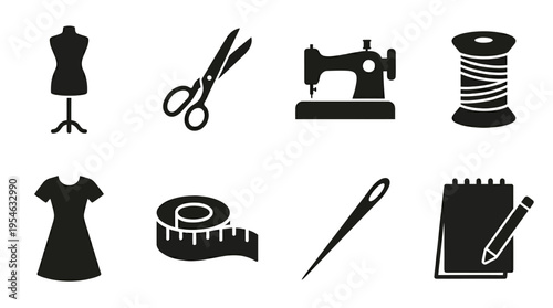 Fashion Design & Tailoring Tools Vector Icon Set – Chic Vectors Featuring Dress Forms, Scissors, Sewing Machines, Tape Measures, Needles, Sketchbooks, and Dresses