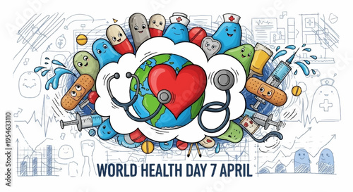 World health day illustration with globe heart stethoscope and diverse cartoon characters celebrating health awareness on april 7th