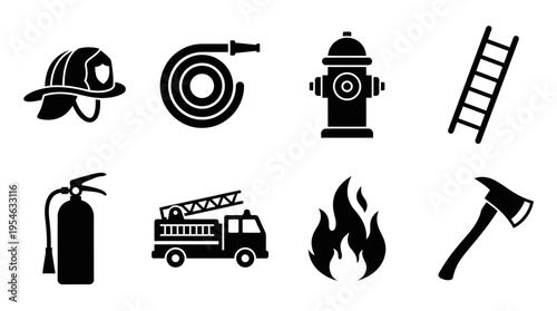 Firefighting & Emergency Response Vector Icon Set – Heroic Vectors Featuring Helmets, Hoses, Hydrants, Ladders, Extinguishers, Fire Trucks, Flames, and Axes