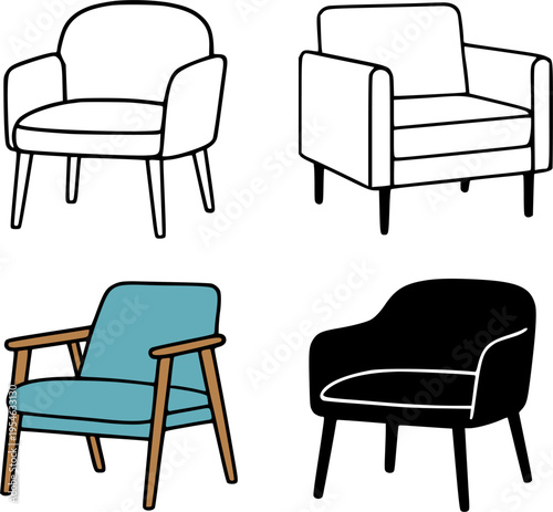 Armchair icon set illustrations, in outline, silhouette and colored, for interior or furniture design
