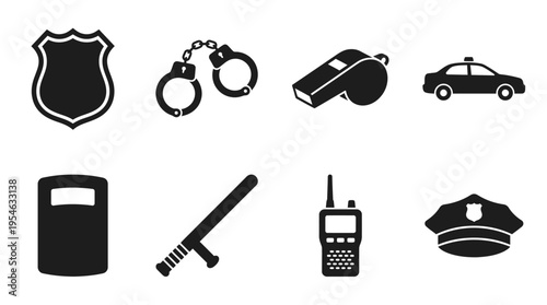 Law Enforcement & Police Gear Vector Icon Set – Tactical Vectors Featuring Badges, Handcuffs, Whistles, Patrol Cars, Riot Shields, Batons, Radios, and Police Hats