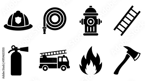 Firefighting & Emergency Response Vector Icon Set – Heroic Vectors Featuring Helmets, Hoses, Hydrants, Ladders, Extinguishers, Fire Trucks, Flames, and Axes