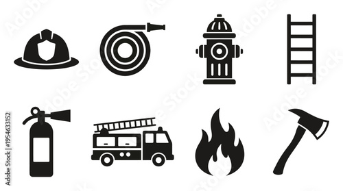 Firefighting & Emergency Response Vector Icon Set – Heroic Vectors Featuring Helmets, Hoses, Hydrants, Ladders, Extinguishers, Fire Trucks, Flames, and Axes