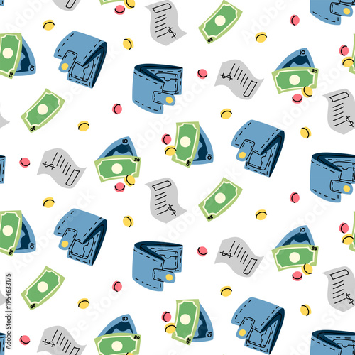 Flat seamless pattern with blue wallets, cash bills and gold coins. Financial savings and money payment background for business website, wrapping paper or textile. seamless texture