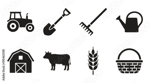 Farming & Agricultural Tools Vector Icon Set – Rustic Vectors Featuring Tractors, Shovels, Rakes, Watering Cans, Barns, Cows, Wheat Stalks, and Baskets
