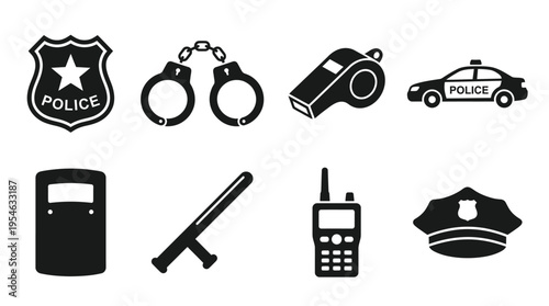 Law Enforcement & Police Gear Vector Icon Set – Tactical Vectors Featuring Badges, Handcuffs, Whistles, Patrol Cars, Riot Shields, Batons, Radios, and Police Hats