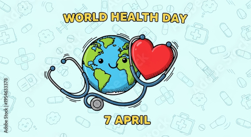 World health day illustration with smiling earth globe wearing stethoscope and holding red heart on light blue background with medical icons