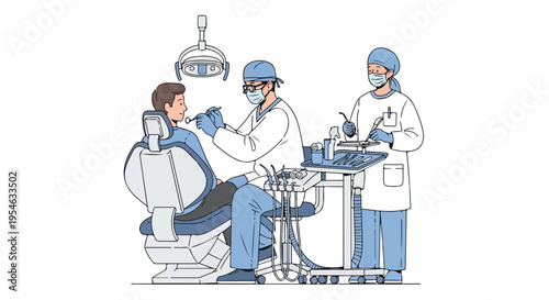Illustration of a dentist examining a patient with the assistance of a dental hygienist in a clinical setting with blue and white tones.