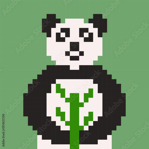 Adorable panda character holding bamboo, illustrated in pixel art style. Black and white bear with a simple, cute design on a green background. Perfect for apps, games, stickers, children’s designs