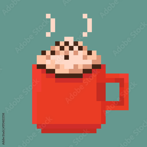 A pixelated icon of a cappuccino cup with foam in a retro 8-bit style. A pixelated hot drink with steam. Perfect for apps, games, user interfaces, cafes, and digital design projects. 