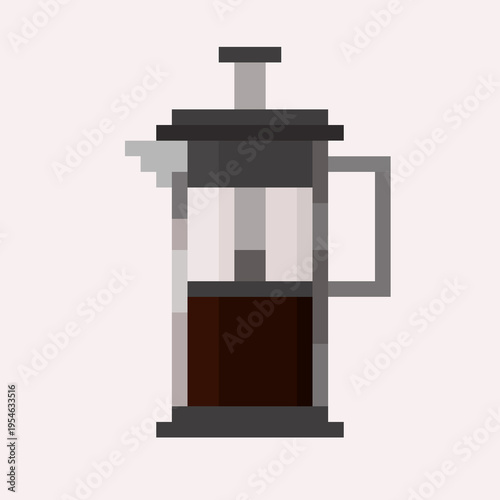 Pixel art illustration of French press coffee maker filled with freshly brewed coffee. Ideal for coffee-related designs, cafe branding, menus, apps, and game assets.