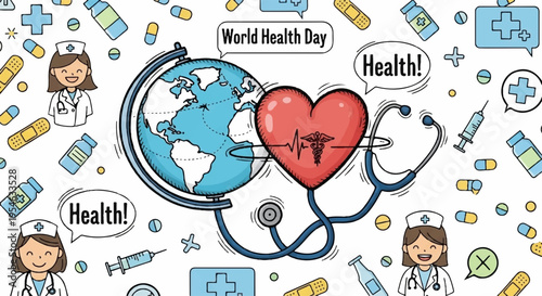 World health day medical illustration with heart stethoscope globe and healthcare symbols