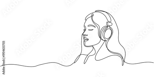 Continuous one line drawing of Young woman listens to music. DJ girl with earphones. Lifestyle teeanager clipart. Spending free time, rest. Leisure activity.