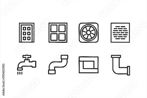 Plumbing and ventilation icons with pipes faucet air vent and window in clean outline style for home maintenance design