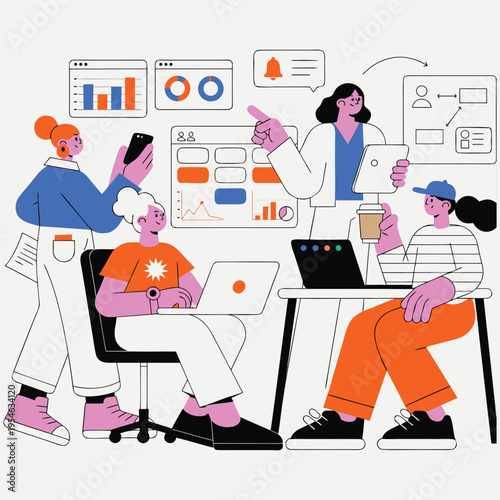 Project Management Workflow and Team Collaboration Vector Illustration