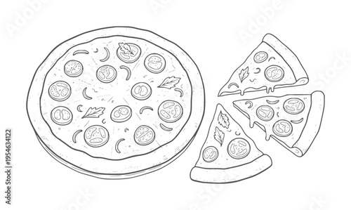 Hand drawn pizza with tomato slices and basil leaves food